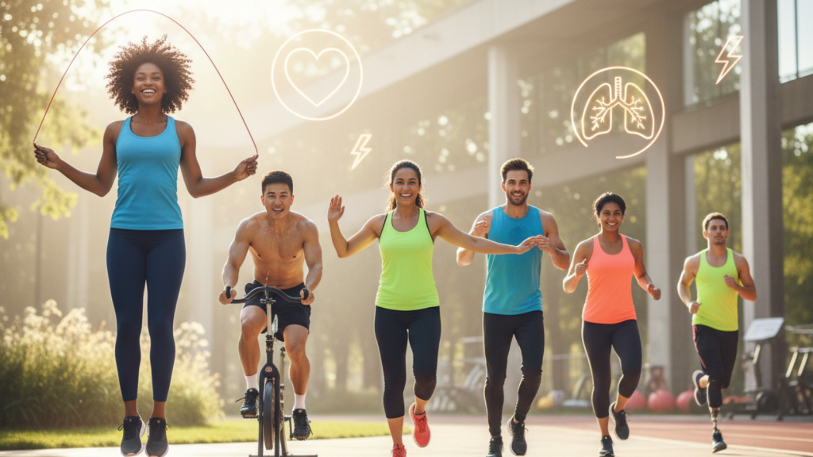 Diverse people doing cardio exercises with the headline: Cardio Is For What? in a lively gym scene.