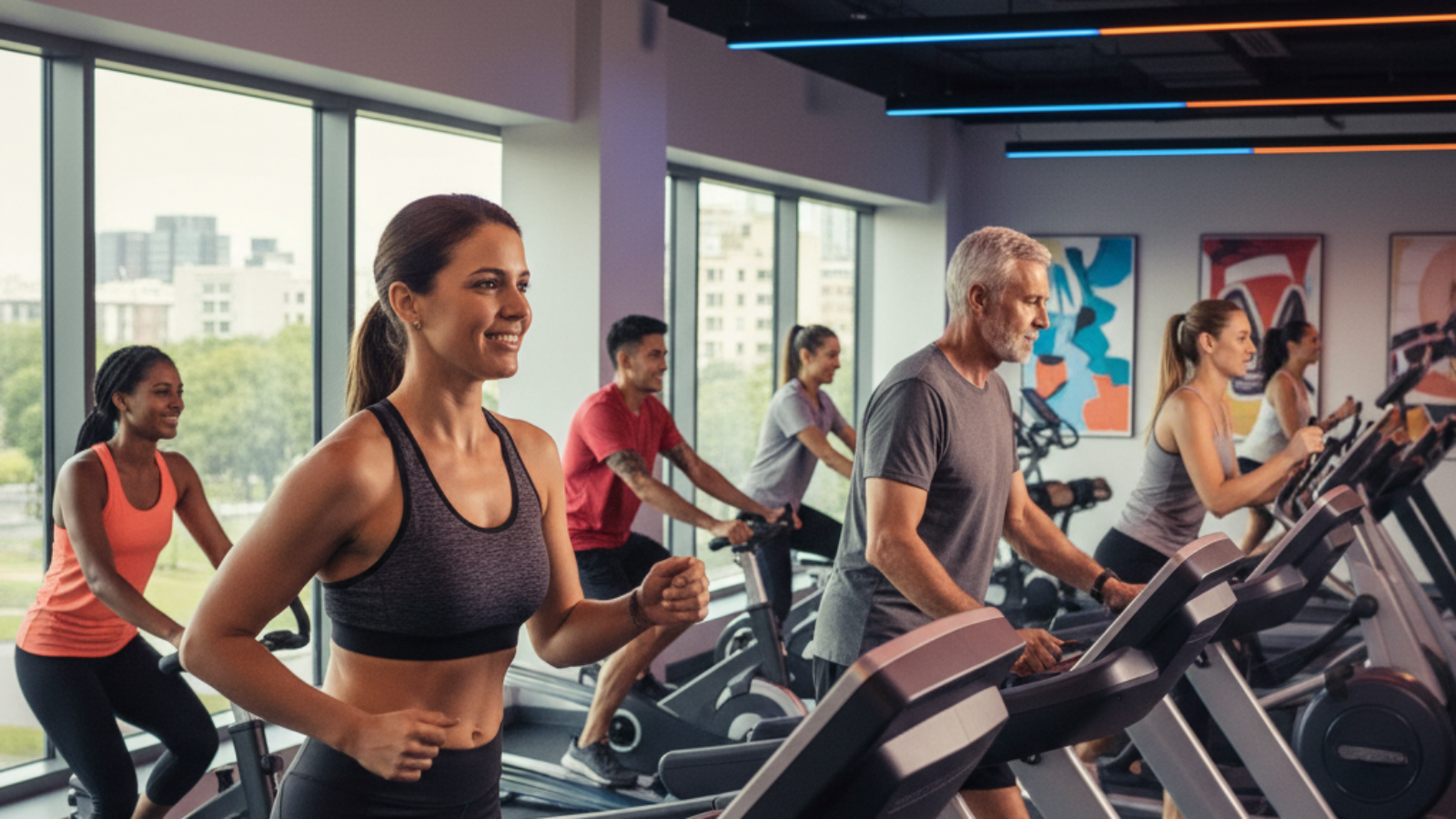 Diverse people working out on top cardio machines in a vibrant, modern gym for a fitness magazine.