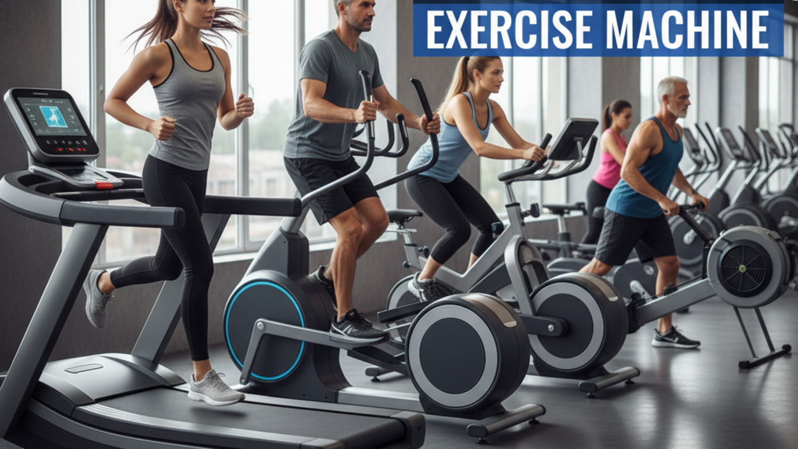 Best Cardio Exercise Machine—modern gym with top cardio equipment in use by diverse, active people.
