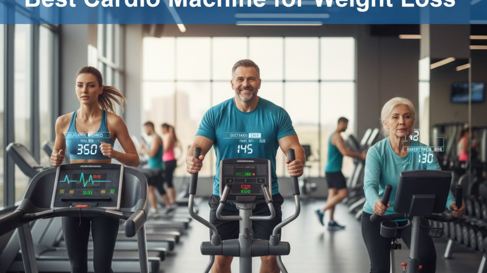 Best Cardio Machine for Weight Loss: Diverse people using treadmill, elliptical, and bike in a vibrant gym.
