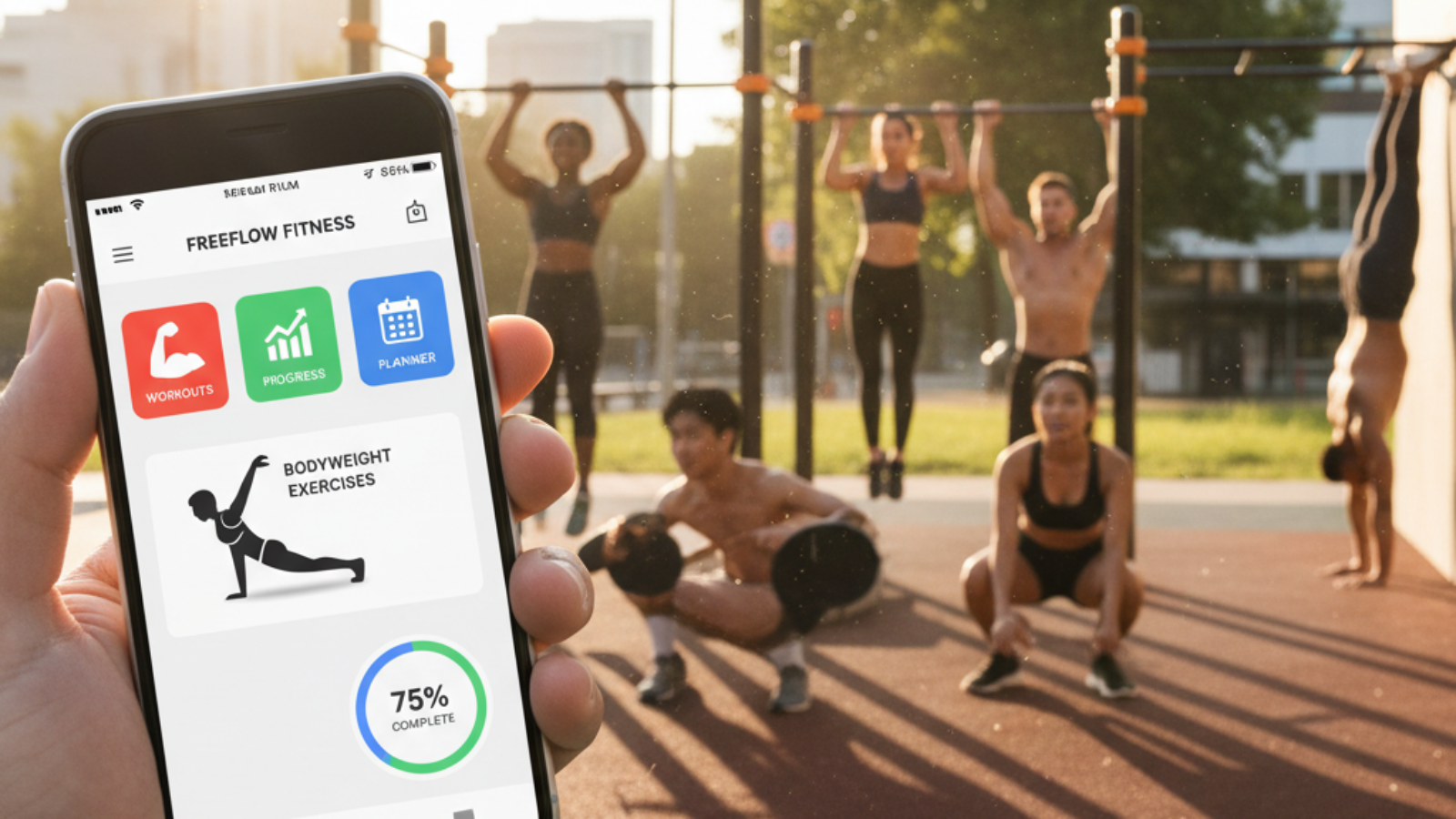 People using a calisthenics app outdoors, exercising together for fitness, health, and motivation.