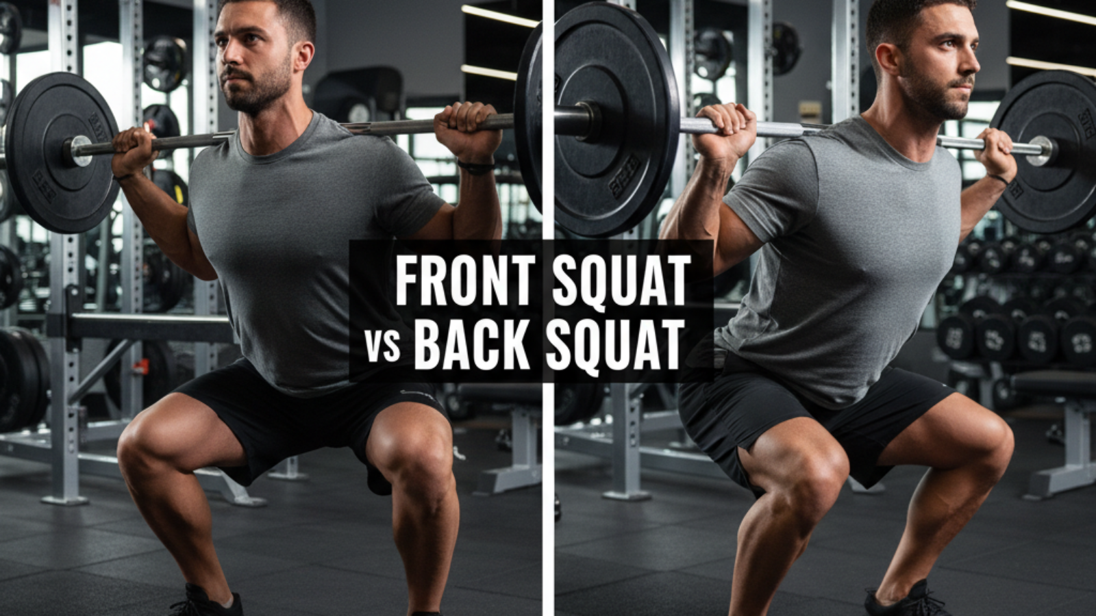 Front Squat vs Back Squat: Realistic side-by-side comparison of both barbell exercises in a gym.